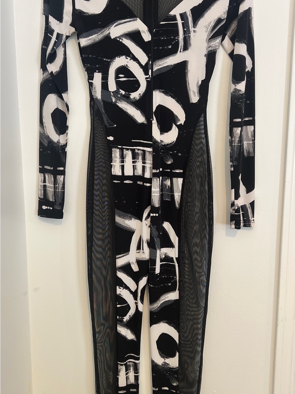 Abstract Black & White Long-Sleeve Bodycon Jumpsuit